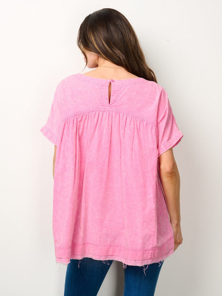 WOMEN'S SHORT SLEEVES RAW EDGE TUNIC WASHED TOP