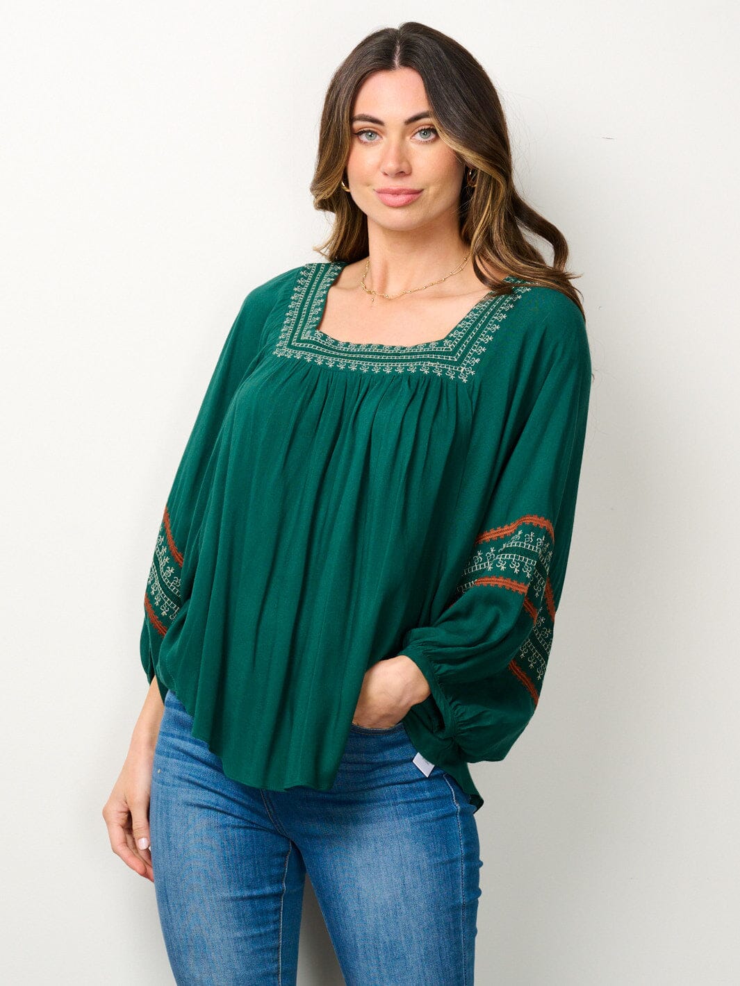 WOMEN'S LONG SLEEVE SQUARE NECK EMBROIDERY BLOUSE TOP