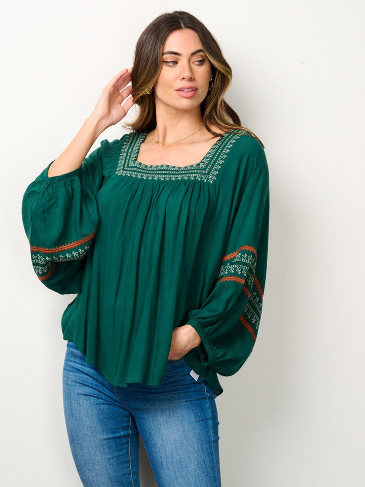 WOMEN'S LONG SLEEVE SQUARE NECK EMBROIDERY BLOUSE TOP