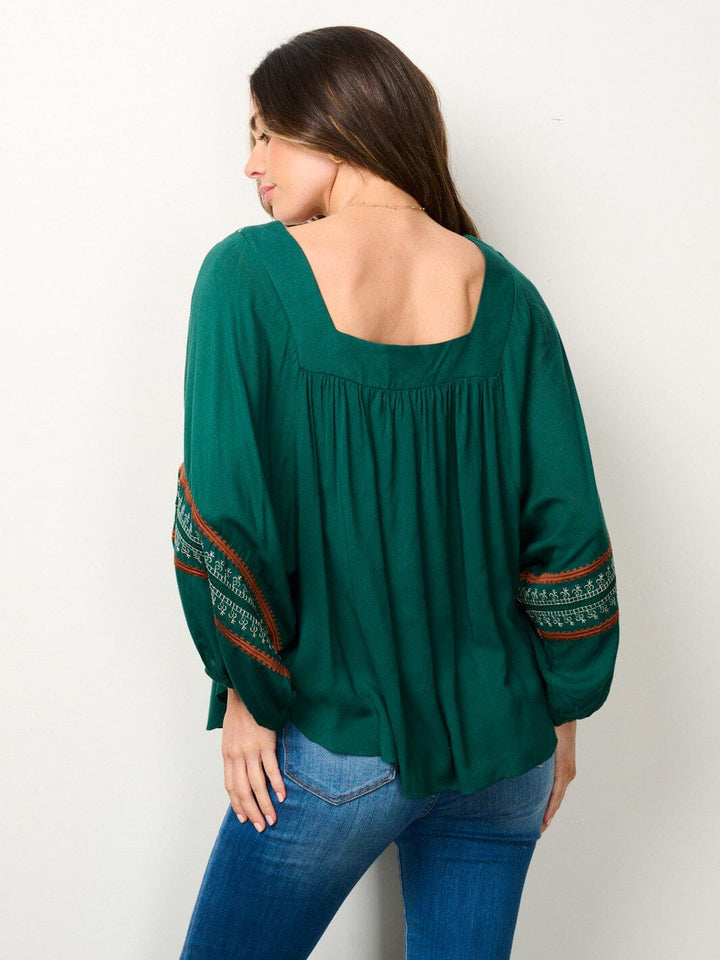 WOMEN'S LONG SLEEVE SQUARE NECK EMBROIDERY BLOUSE TOP