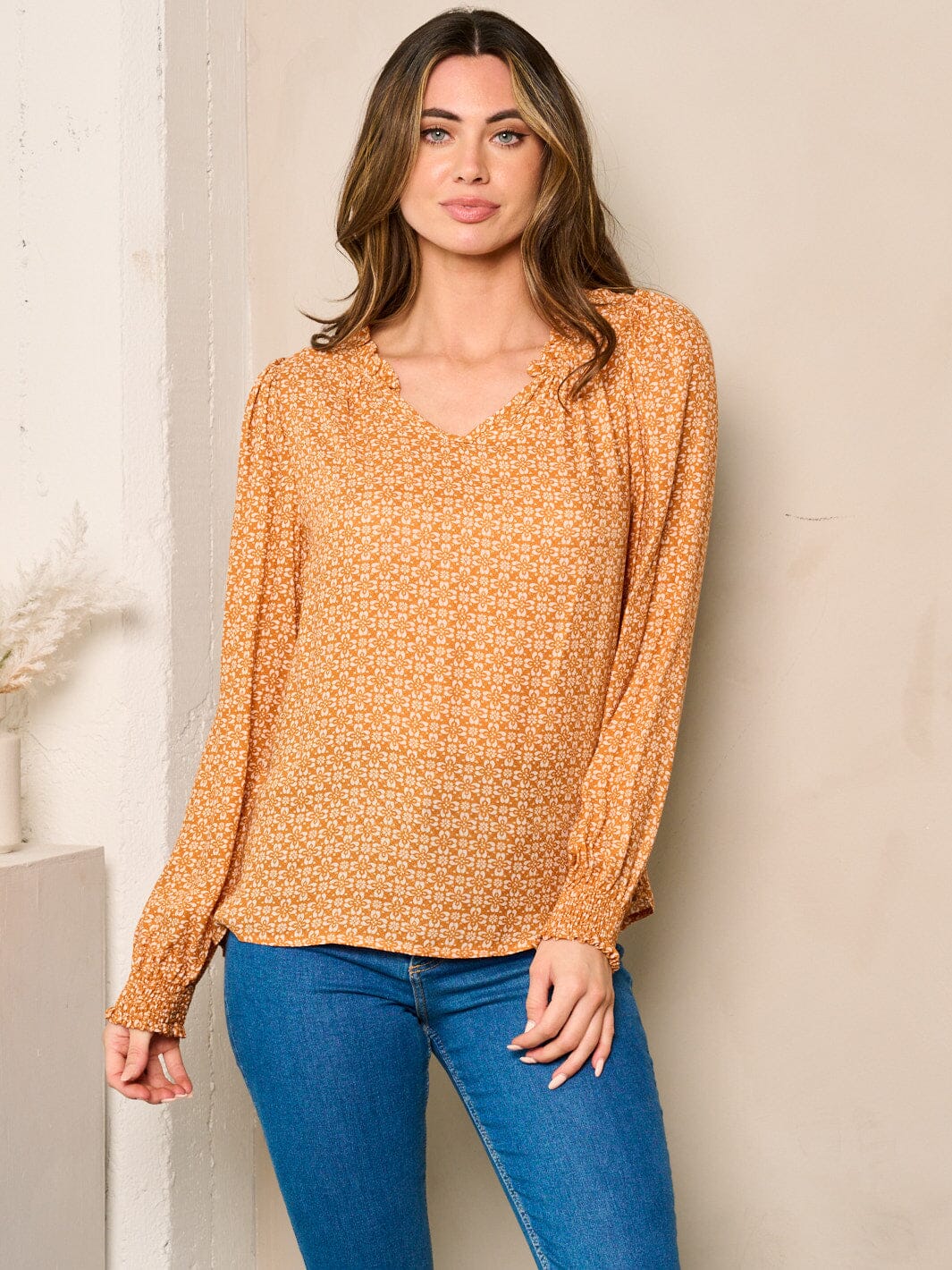 WOMEN'S LONG SLEEVE V-NECK FLORAL BLOUSE TOP