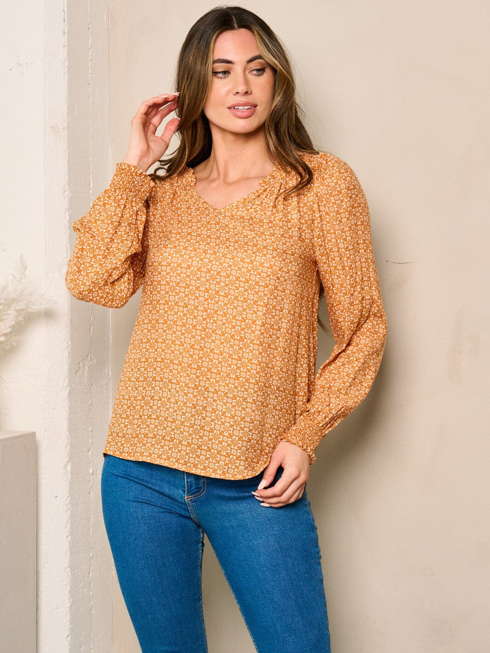 WOMEN'S LONG SLEEVE V-NECK FLORAL BLOUSE TOP