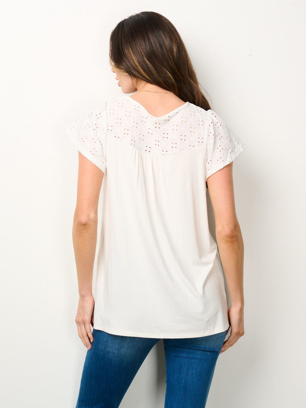 WOMEN'S SHORT SLEEVE EYELET BLOUSE TOP