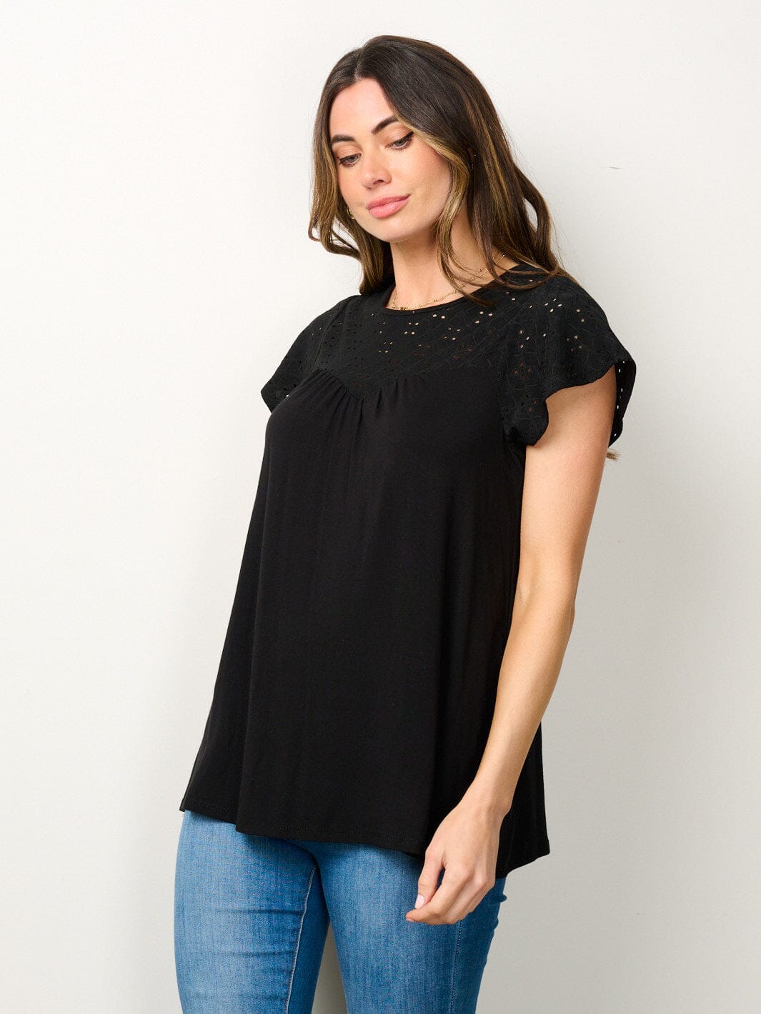 WOMEN'S SHORT SLEEVE EYELET BLOUSE TOP