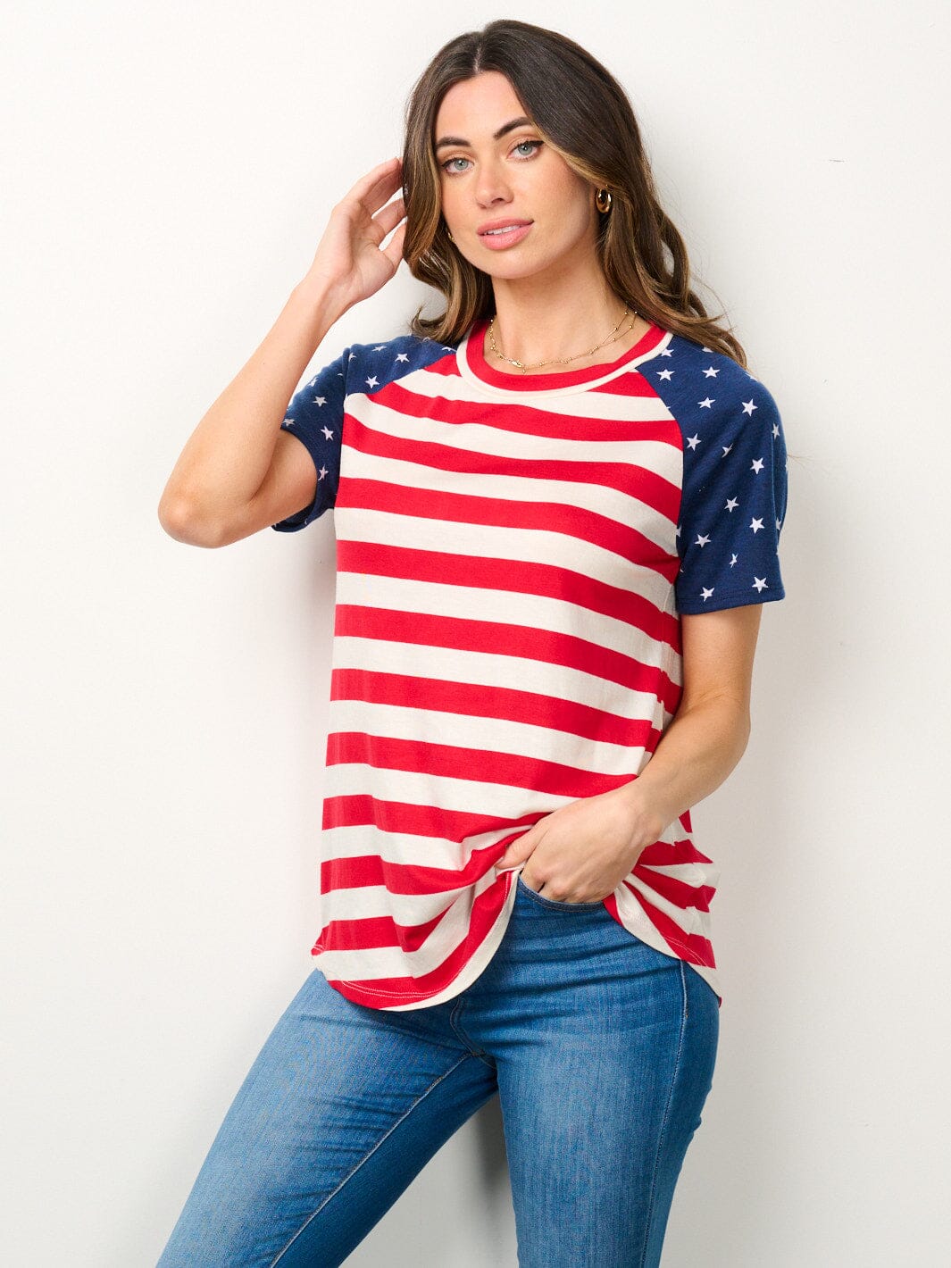 WOMEN'S SHORT SLEEVE AMERICAN FLAG GRAPGIC TOP