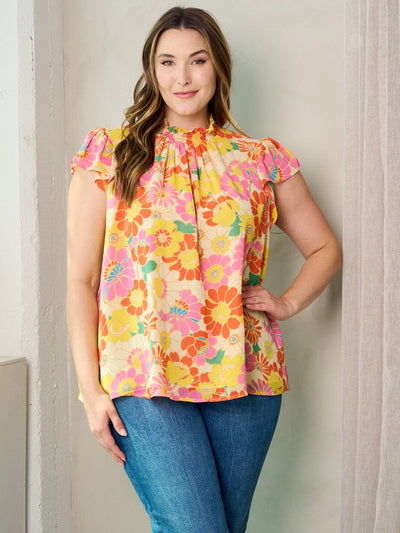 PLUS SIZE SHORT SLEEVE MOCK NECK TUNIC FLORAL TOP