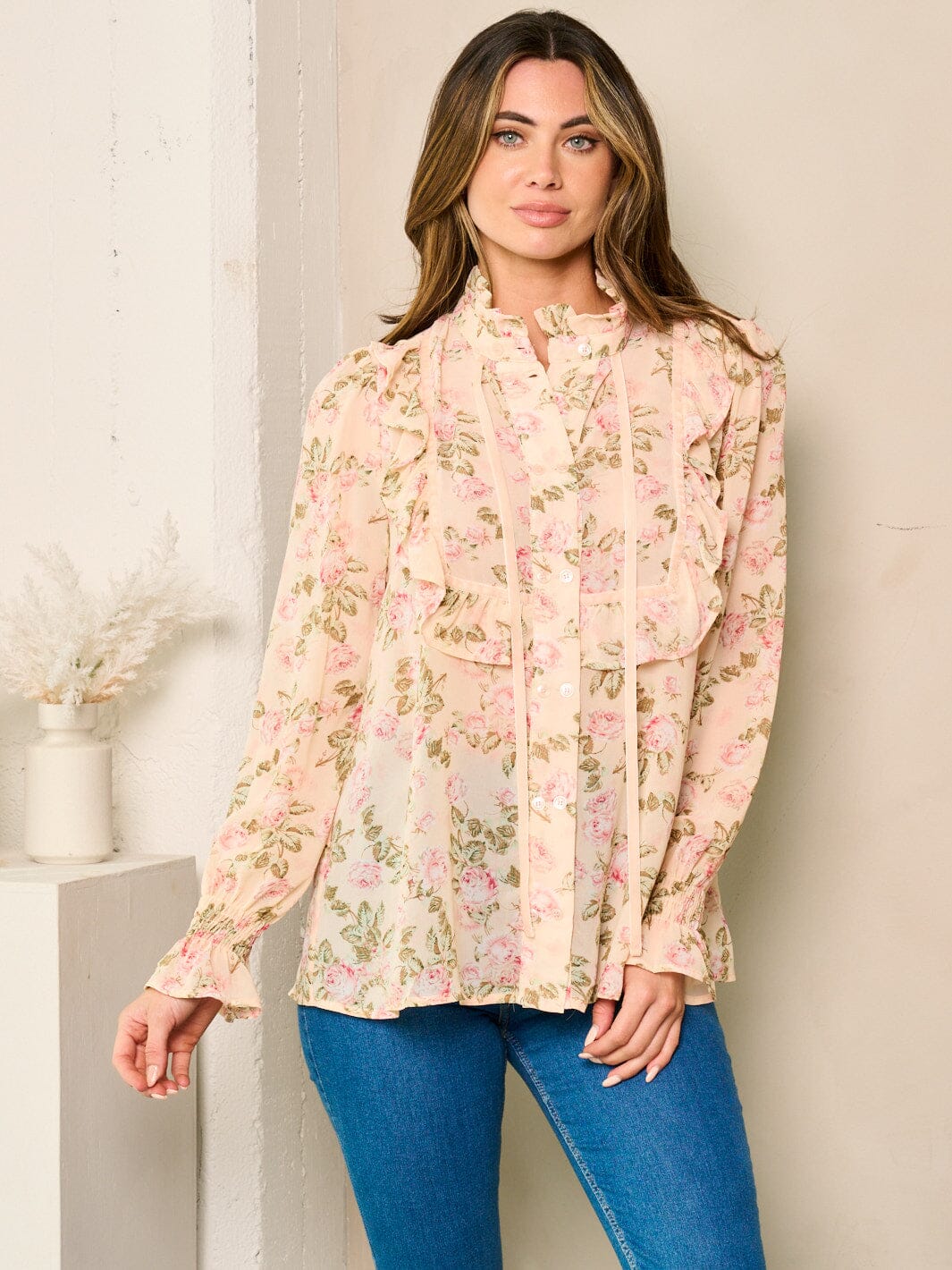 WOMEN'S LONG SLEEVE BUTTON UP FLORAL RUFFLE TOP