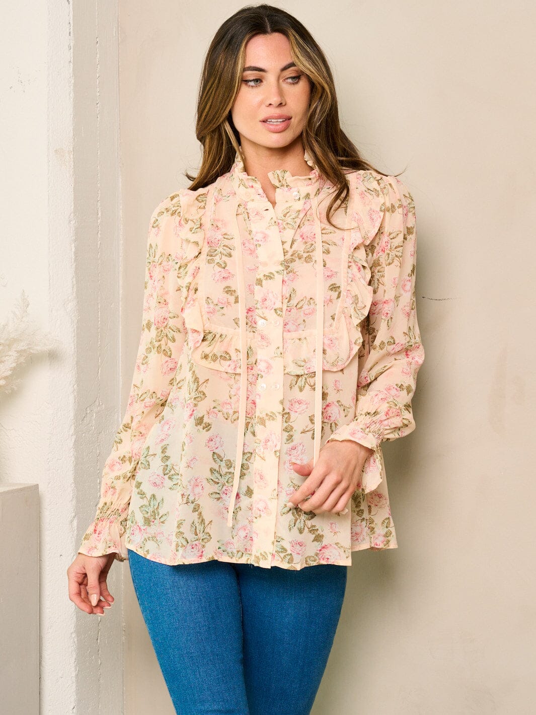 WOMEN'S LONG SLEEVE BUTTON UP FLORAL RUFFLE TOP