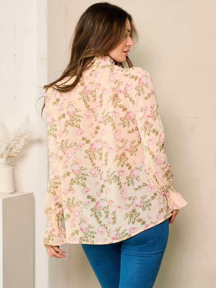 WOMEN'S LONG SLEEVE BUTTON UP FLORAL RUFFLE TOP