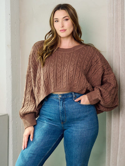 PLUS SIZE LONG SLEEVE PULLOVER CROP SWEATER