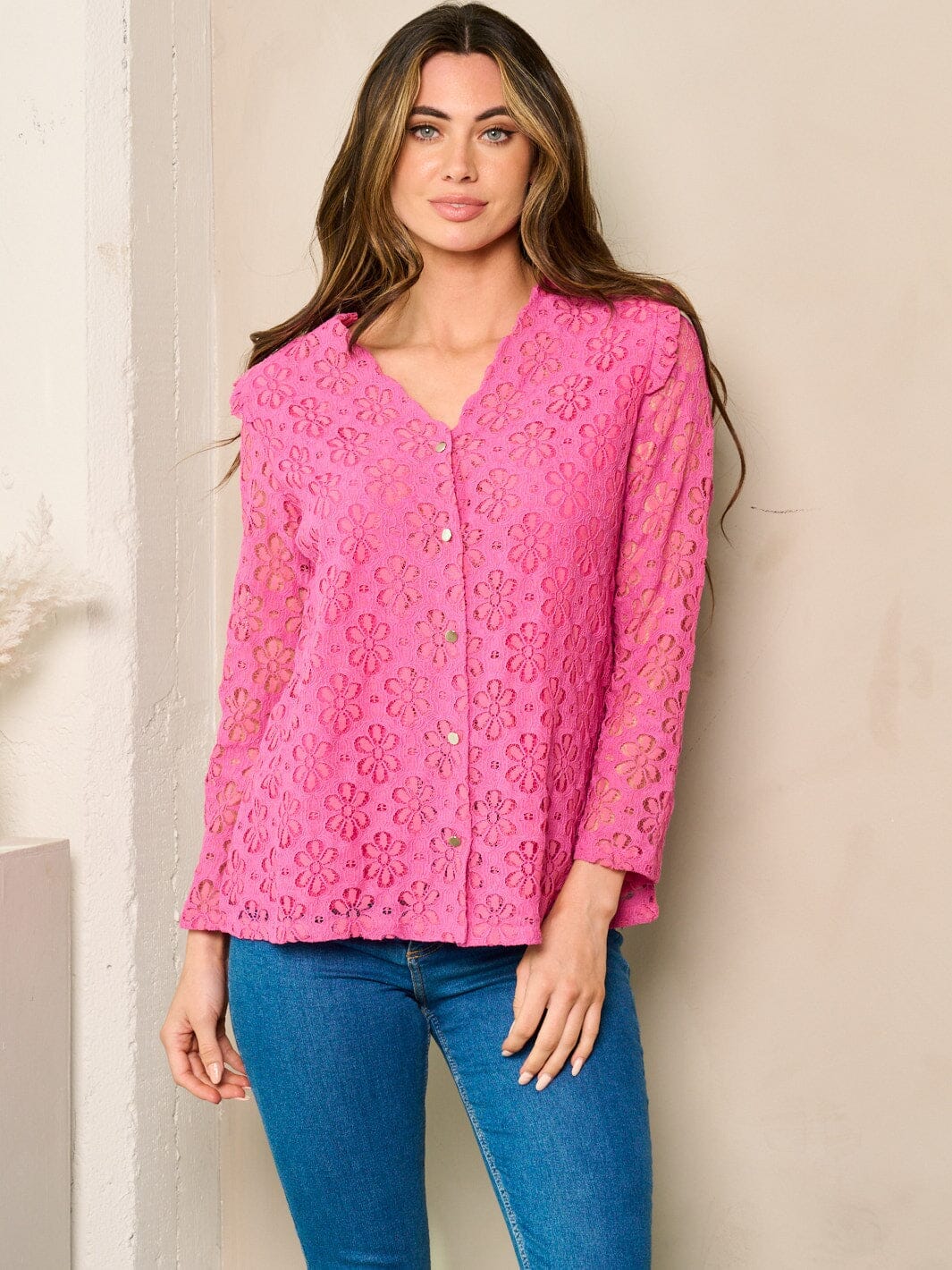 WOMEN'S LONG SLEEVE BUTTON UP LACE BLOUSE TOP