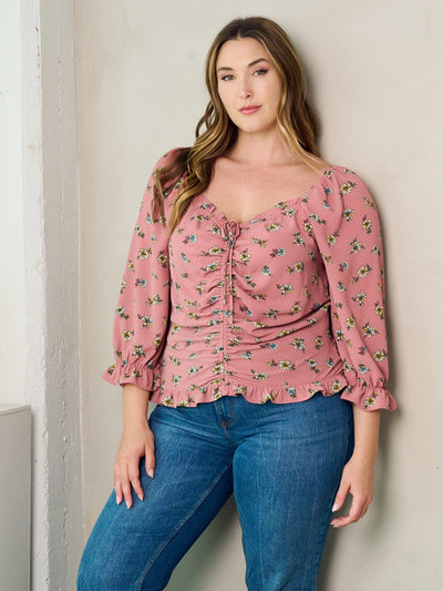 PLUS SIZE 3/4 SLEEVE FRONT RUCHED FLORAL BLOUSE TOP