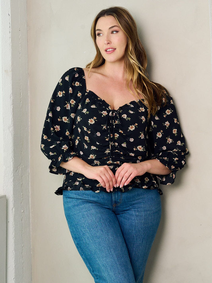 PLUS SIZE 3/4 SLEEVE FRONT RUCHED FLORAL BLOUSE TOP