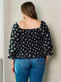 PLUS SIZE 3/4 SLEEVE FRONT RUCHED FLORAL BLOUSE TOP