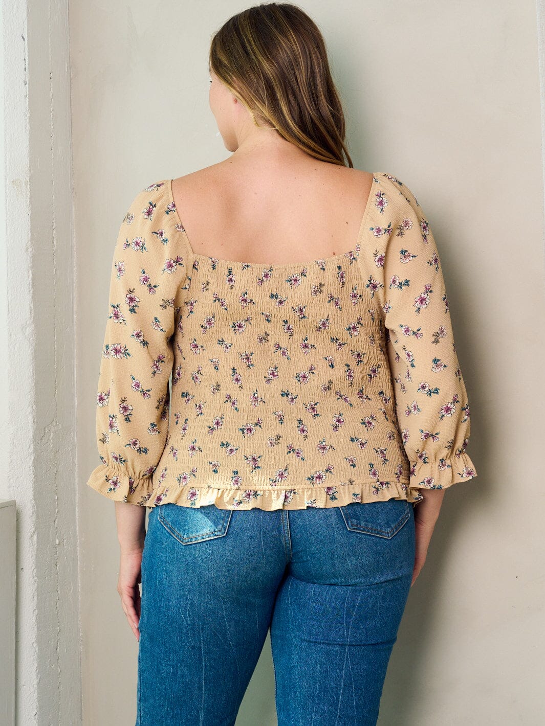 PLUS SIZE 3/4 SLEEVE FRONT RUCHED FLORAL BLOUSE TOP