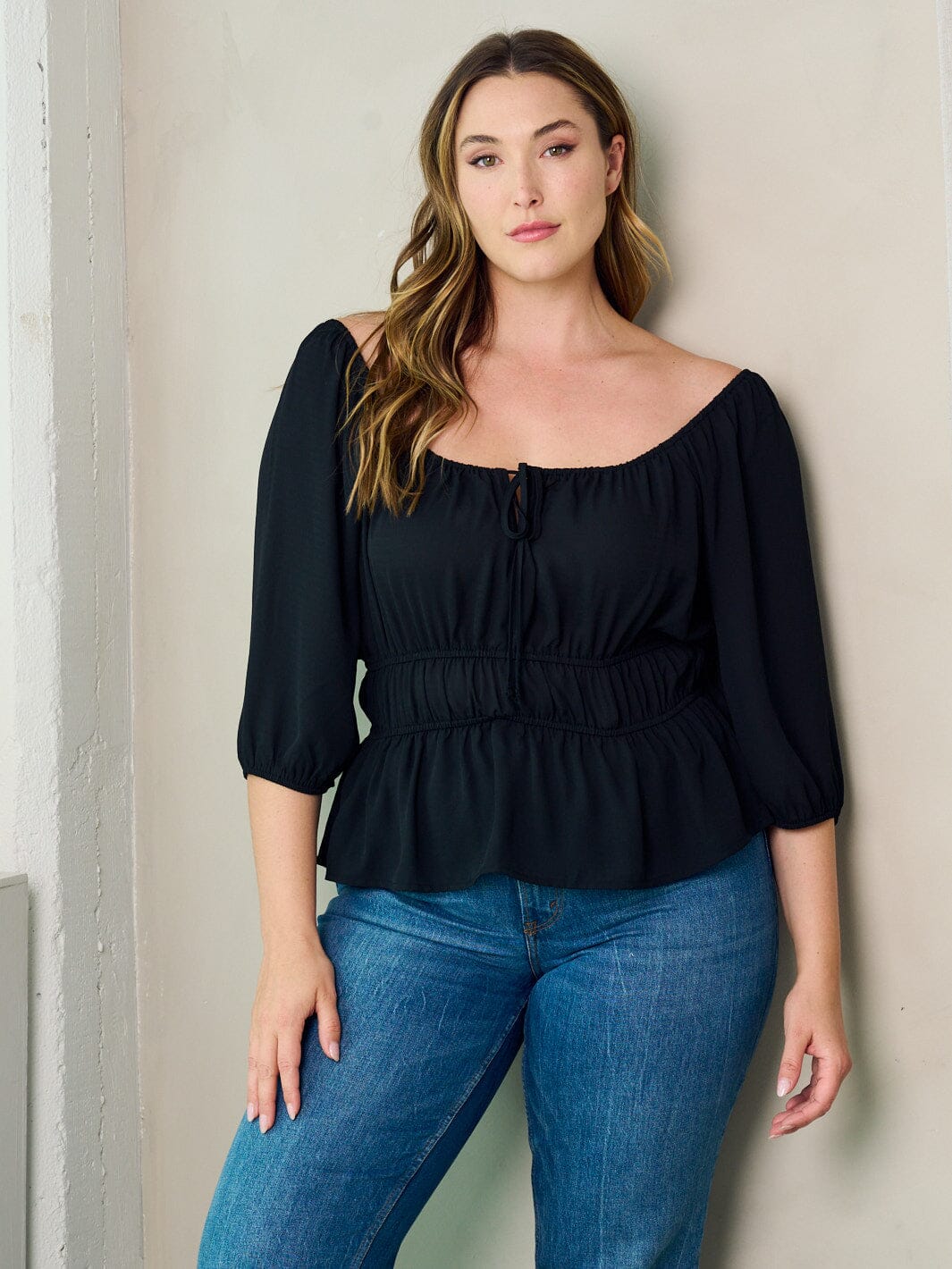 PLUS SIZE 3/4 SLEEVE PEPLUM BLOUSE TOP