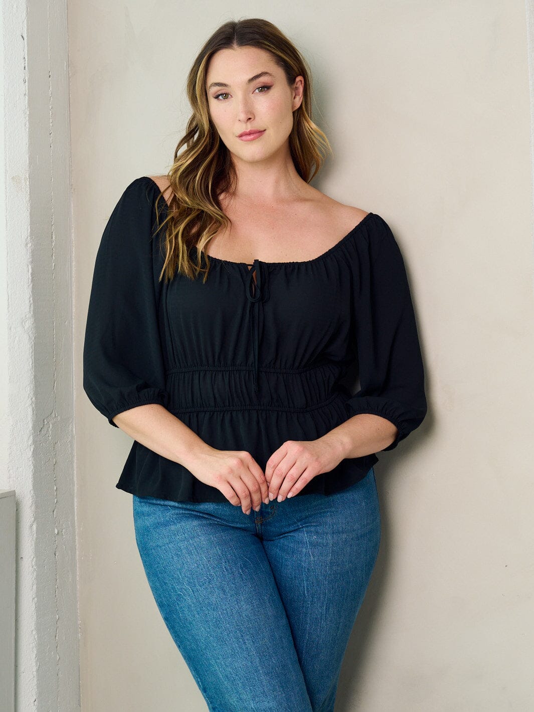 PLUS SIZE 3/4 SLEEVE PEPLUM BLOUSE TOP