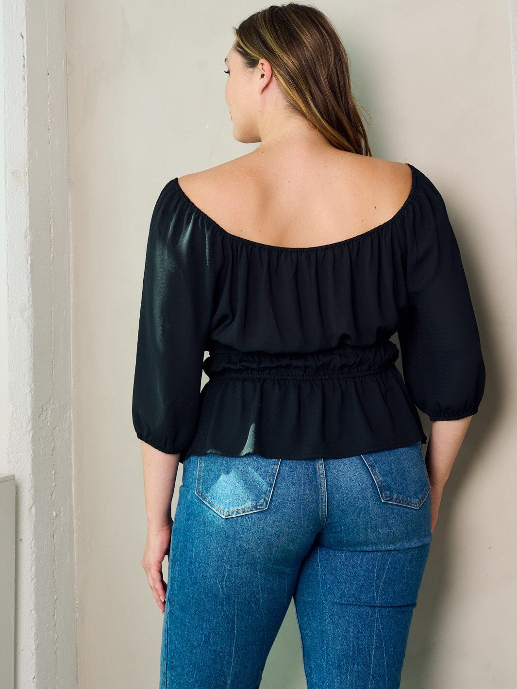 PLUS SIZE 3/4 SLEEVE PEPLUM BLOUSE TOP