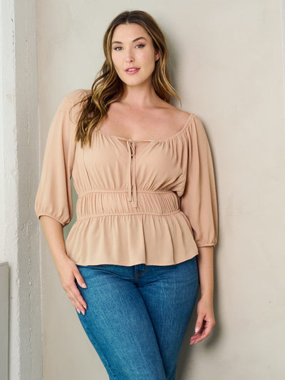 PLUS SIZE 3/4 SLEEVE PEPLUM BLOUSE TOP
