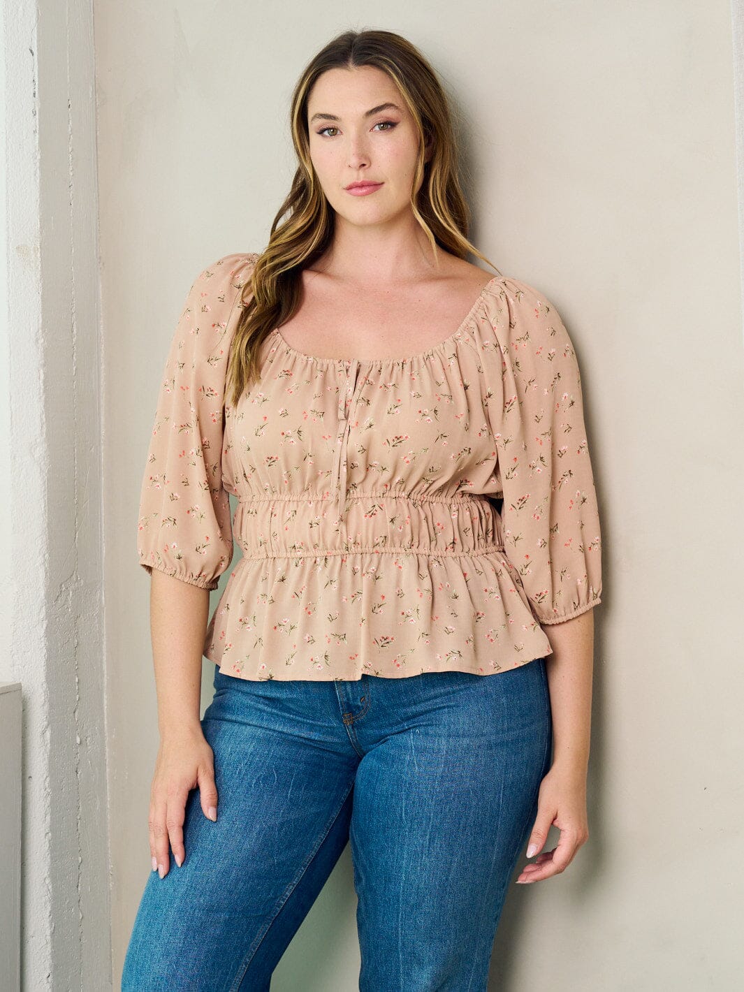 PLUS SIZE 3/4 SLEEVE FLORAL PEPLUM BLOUSE TOP