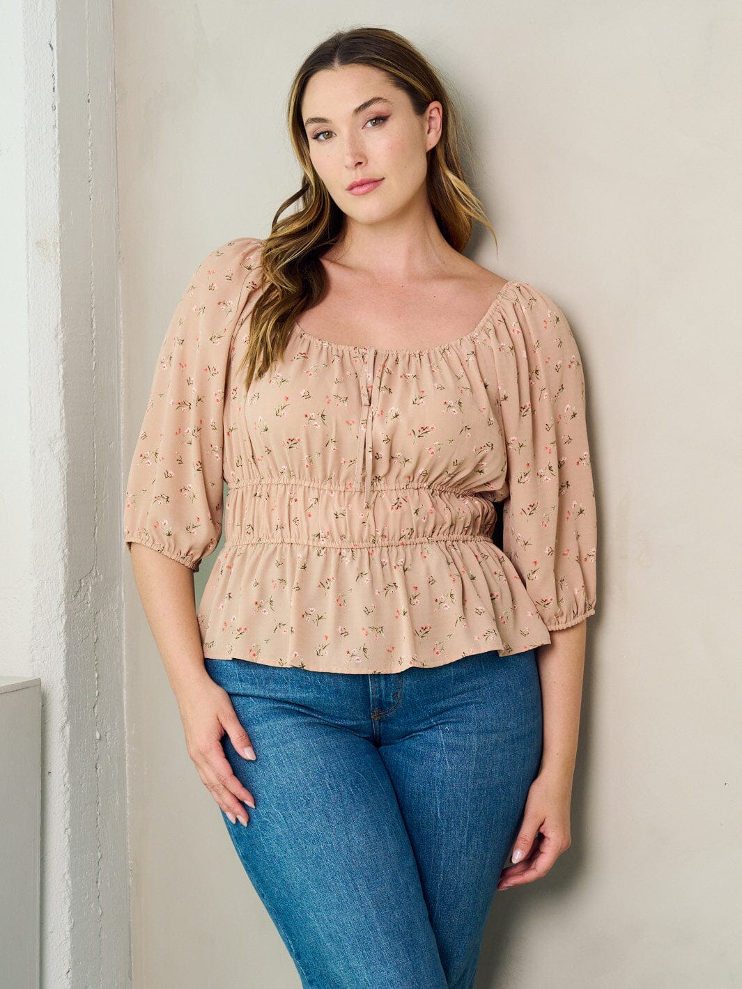 PLUS SIZE 3/4 SLEEVE FLORAL PEPLUM BLOUSE TOP