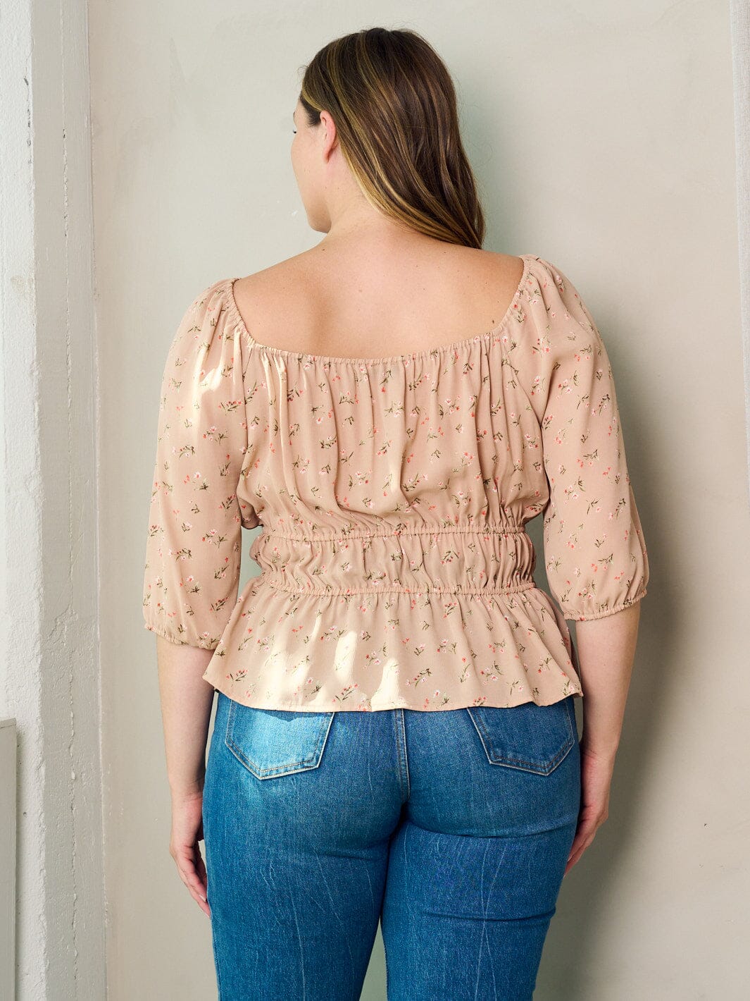 PLUS SIZE 3/4 SLEEVE FLORAL PEPLUM BLOUSE TOP