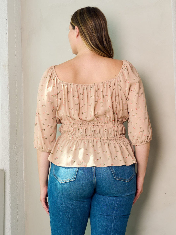PLUS SIZE 3/4 SLEEVE FLORAL PEPLUM BLOUSE TOP