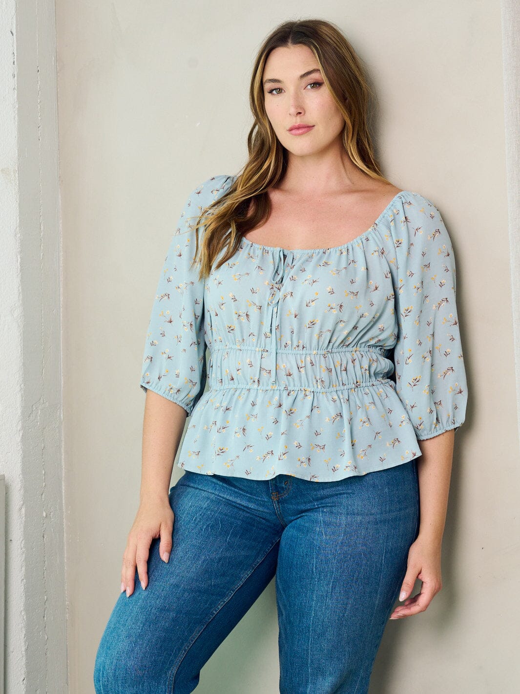 PLUS SIZE 3/4 SLEEVE FLORAL PEPLUM BLOUSE TOP