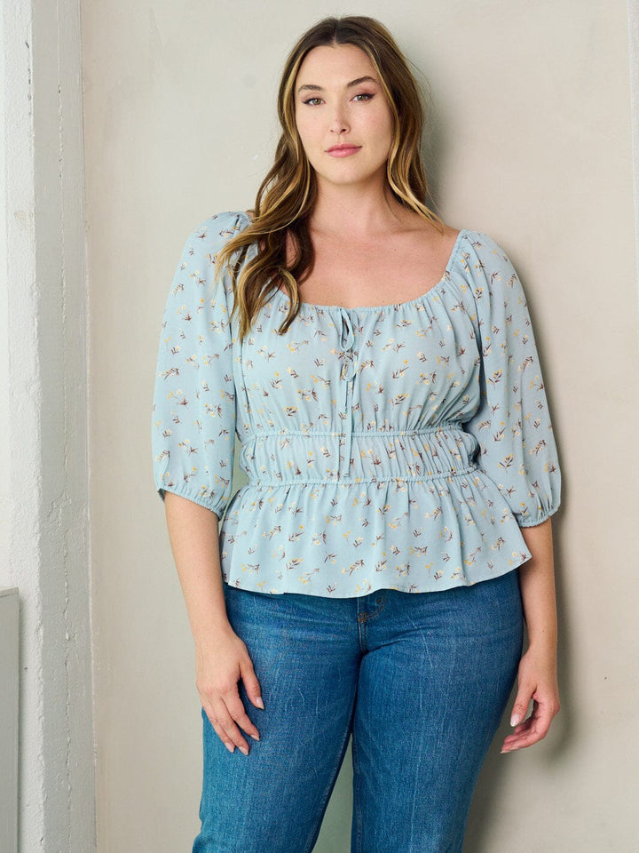 PLUS SIZE 3/4 SLEEVE FLORAL PEPLUM BLOUSE TOP