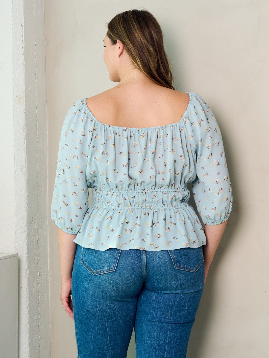 PLUS SIZE 3/4 SLEEVE FLORAL PEPLUM BLOUSE TOP