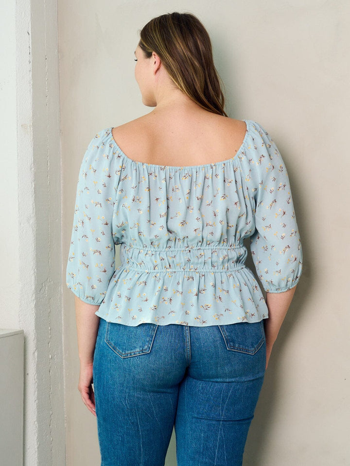 PLUS SIZE 3/4 SLEEVE FLORAL PEPLUM BLOUSE TOP