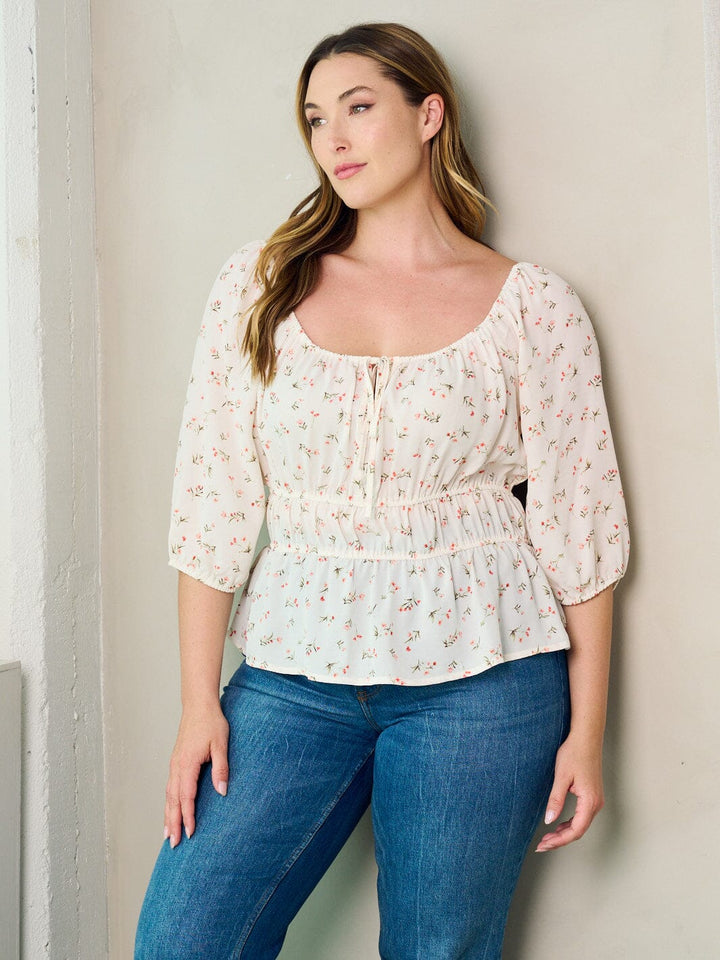 PLUS SIZE 3/4 SLEEVE FLORAL PEPLUM BLOUSE TOP