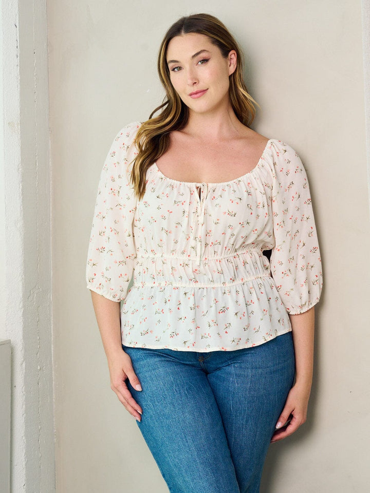 PLUS SIZE 3/4 SLEEVE FLORAL PEPLUM BLOUSE TOP