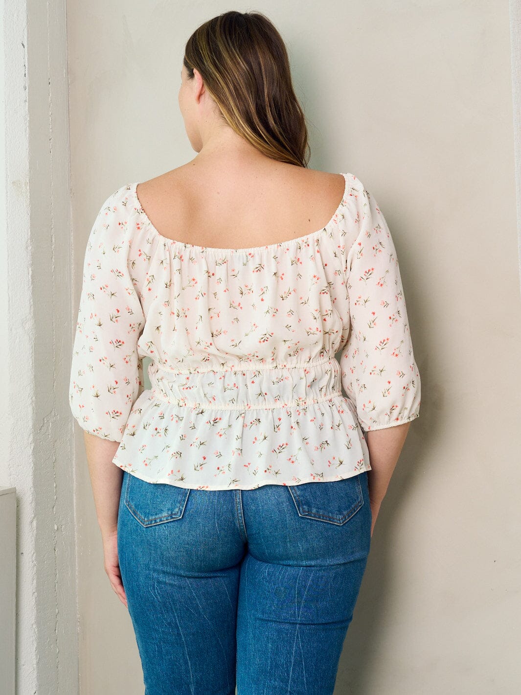 PLUS SIZE 3/4 SLEEVE FLORAL PEPLUM BLOUSE TOP