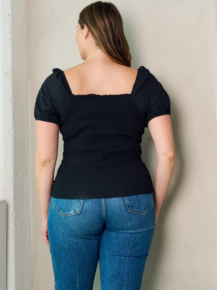 PLUS SIZE SHORT SLEEVE SMOCK BLOUSE TOP