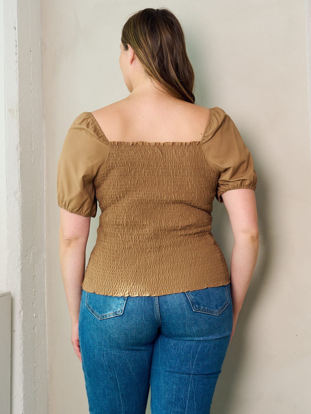 PLUS SIZE SHORT SLEEVE SMOCK BLOUSE TOP