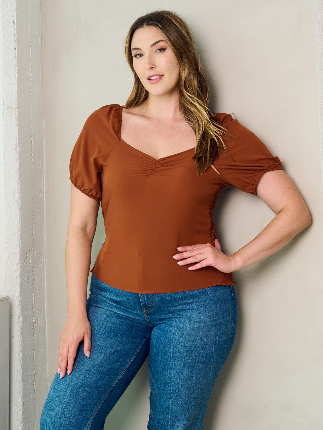 PLUS SIZE SHORT SLEEVE SMOCK BLOUSE TOP