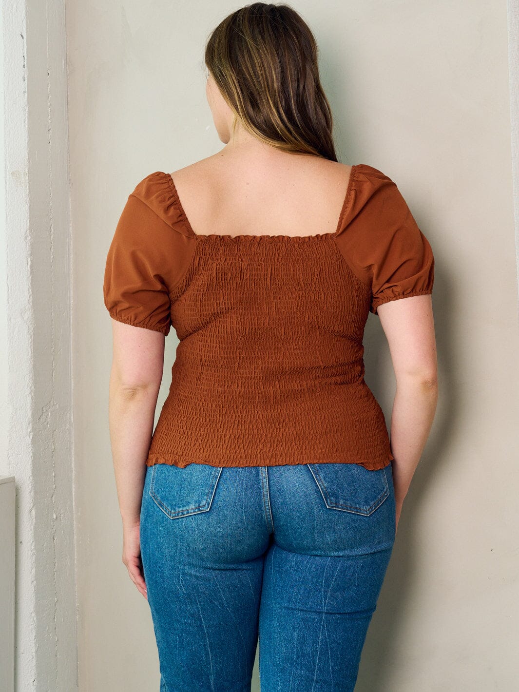 PLUS SIZE SHORT SLEEVE SMOCK BLOUSE TOP