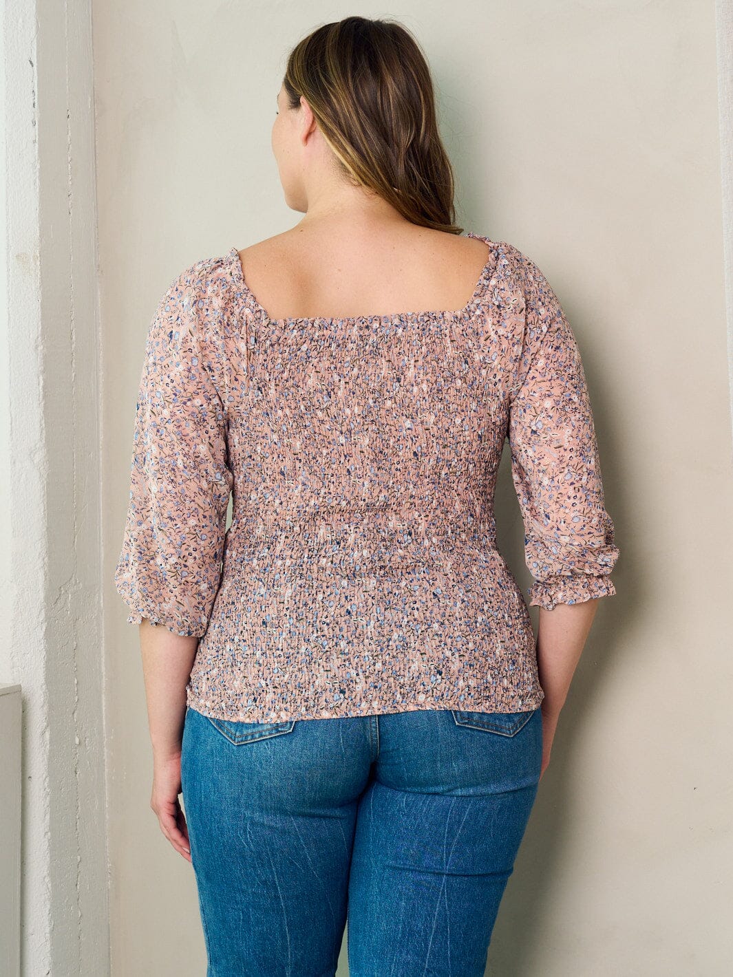 PLUS SIZE 3/4 SLEEVE SMOCK FLORAL BLOUSE TOP