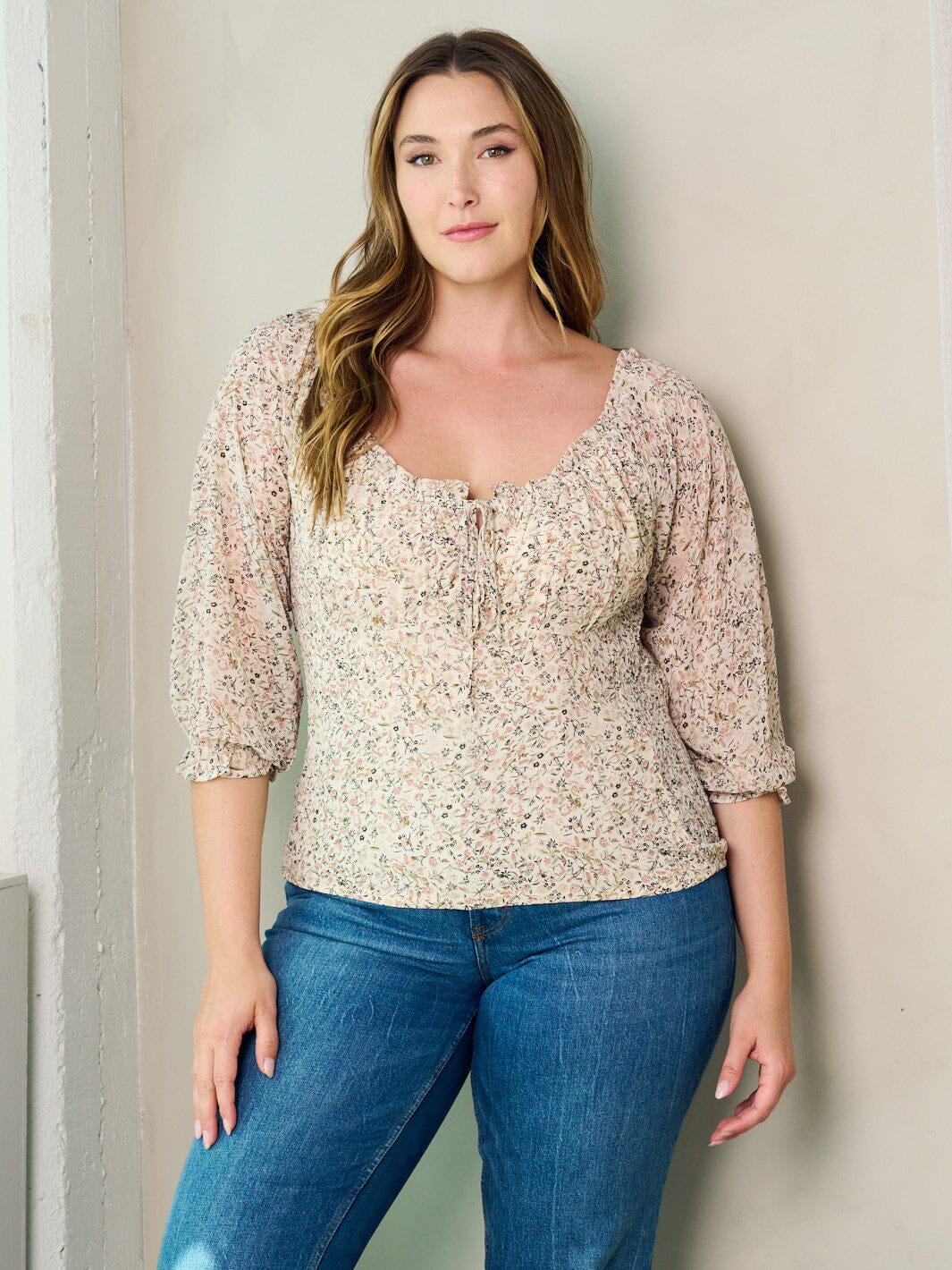 PLUS SIZE 3/4 SLEEVE SMOCK FLORAL BLOUSE TOP