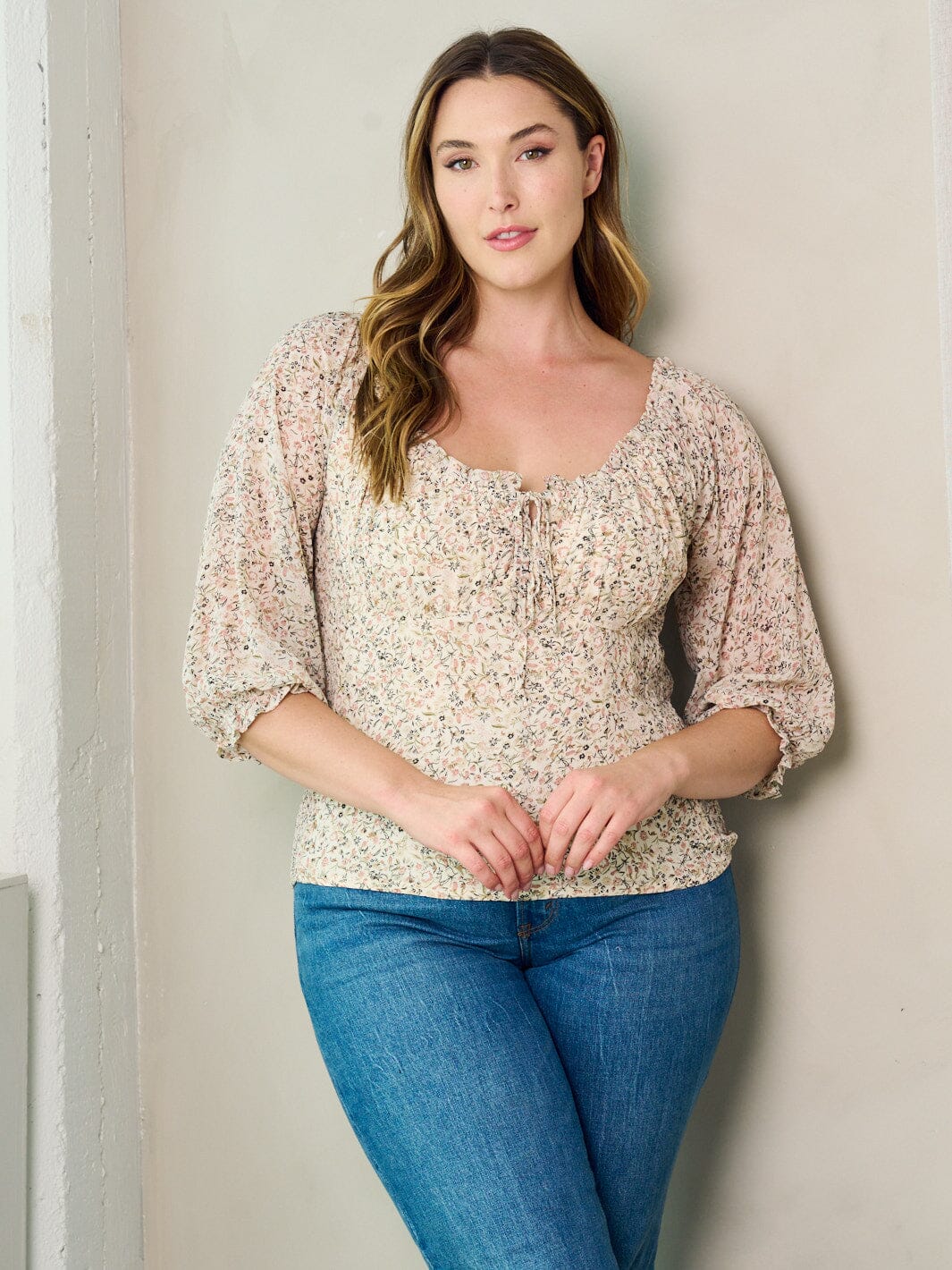 PLUS SIZE 3/4 SLEEVE SMOCK FLORAL BLOUSE TOP