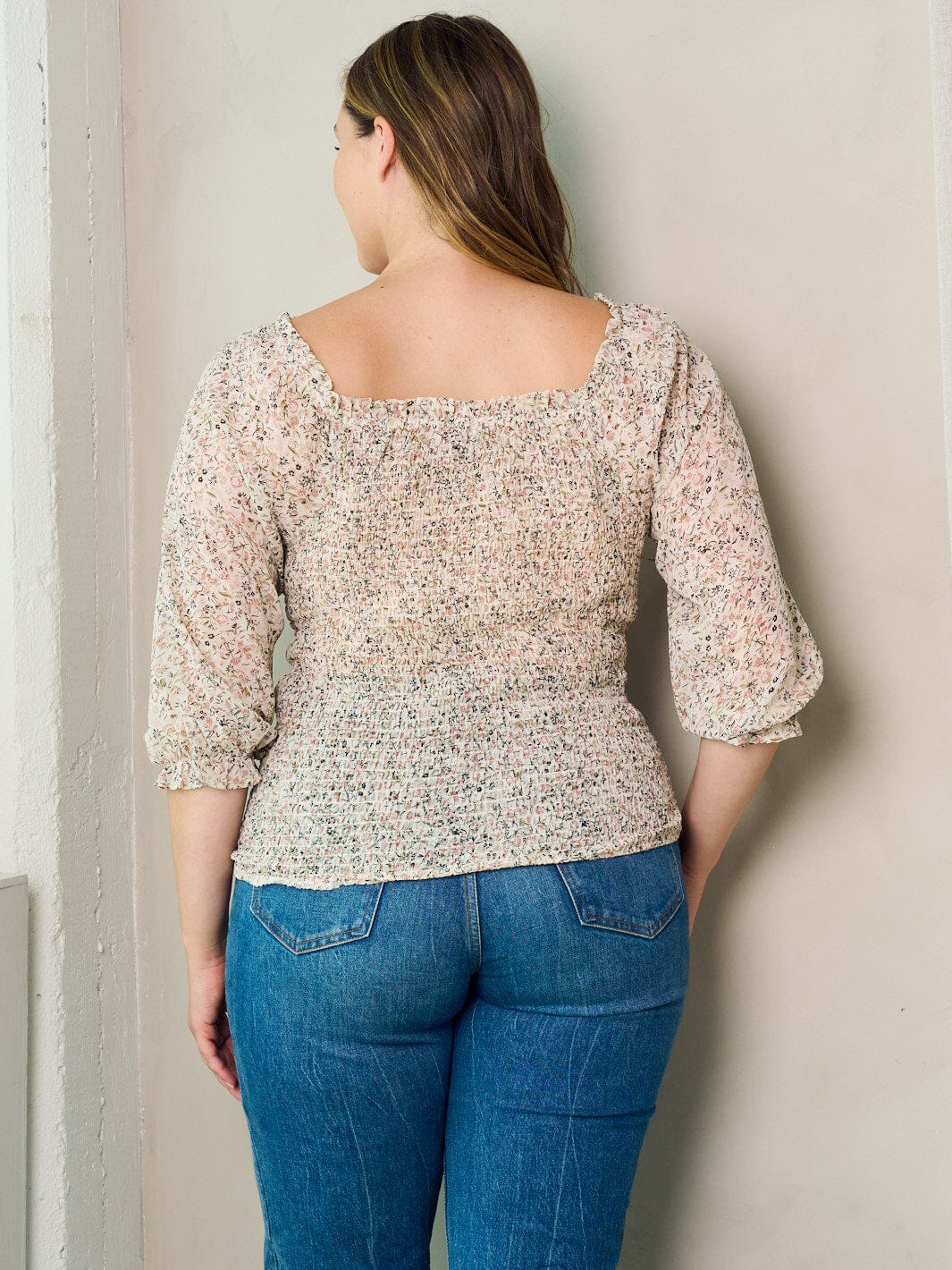 PLUS SIZE 3/4 SLEEVE SMOCK FLORAL BLOUSE TOP