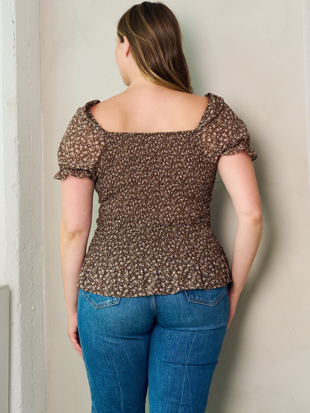 PLUS SIZE SHORT SLEEVE SMOCK FLORAL BLOUSE TOP