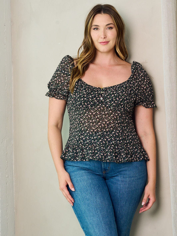 PLUS SIZE SHORT SLEEVE SMOCK FLORAL BLOUSE TOP