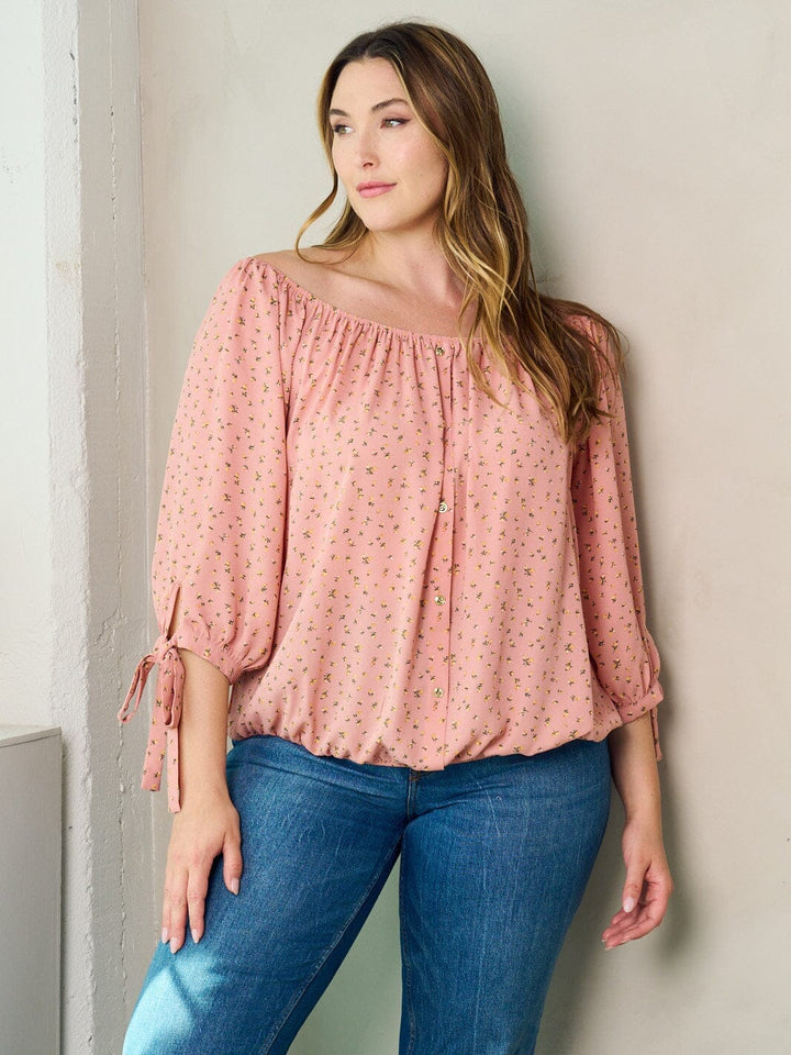 PLUS SIZE 3/4 SLEEVE BUTTON DETAILED FLORAL TUNIC BLOUSE TOP