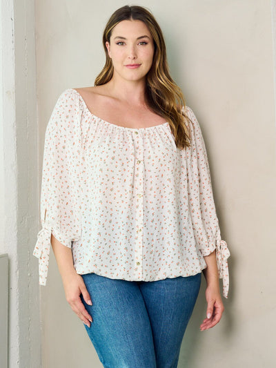 PLUS SIZE 3/4 SLEEVE BUTTON DETAILED FLORAL TUNIC BLOUSE TOP
