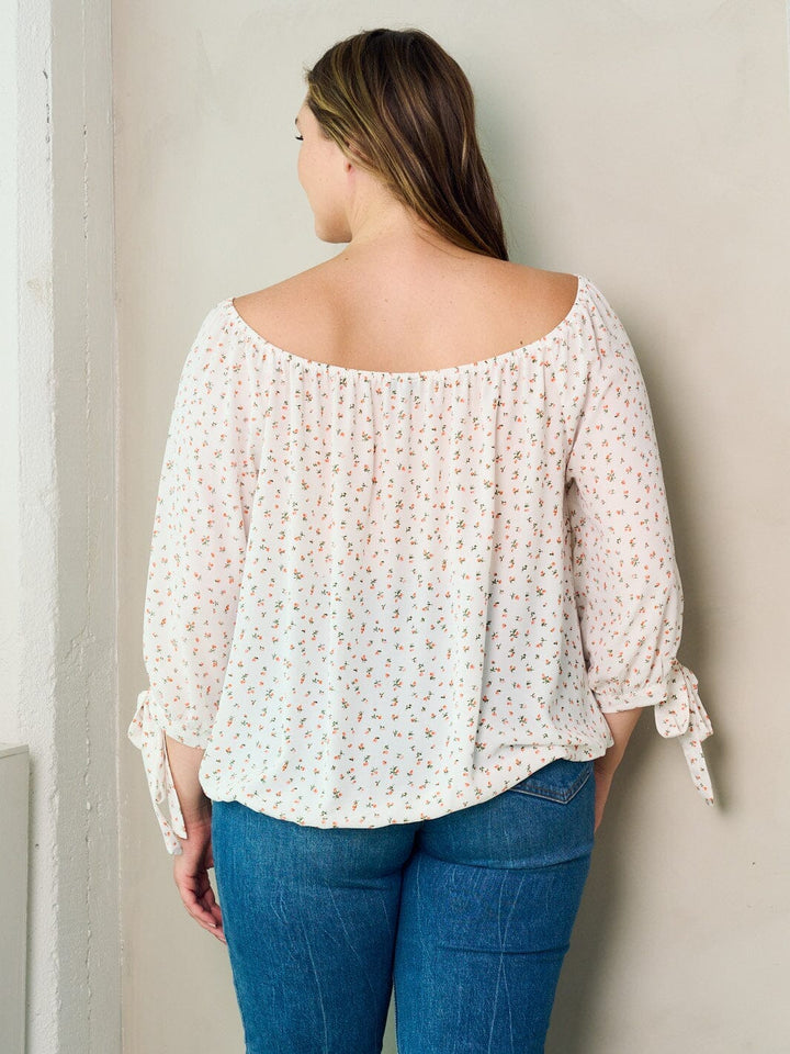 PLUS SIZE 3/4 SLEEVE BUTTON DETAILED FLORAL TUNIC BLOUSE TOP