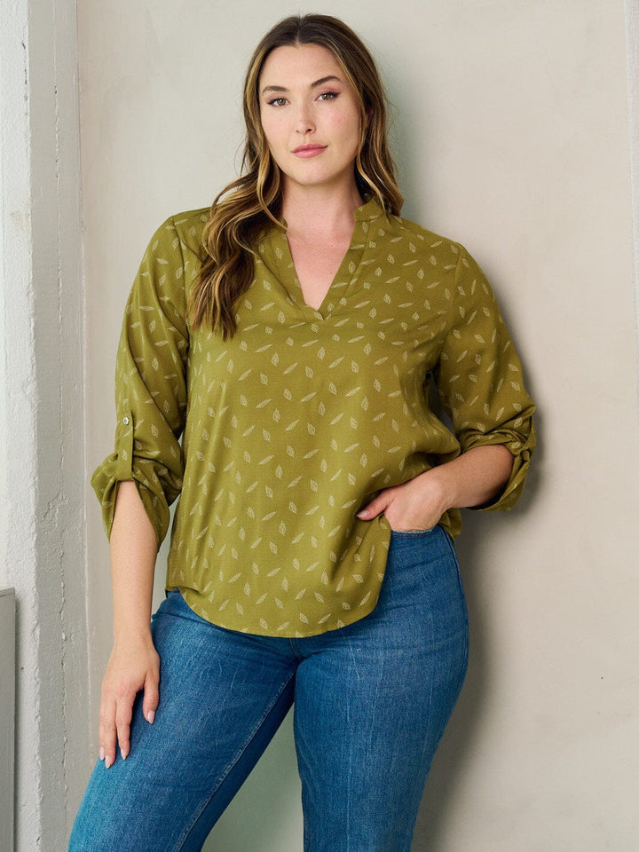 PLUS SIZE 3/4 SLEEVE BUTTON V-NECK LEAF PRINT BLOUSE TOP