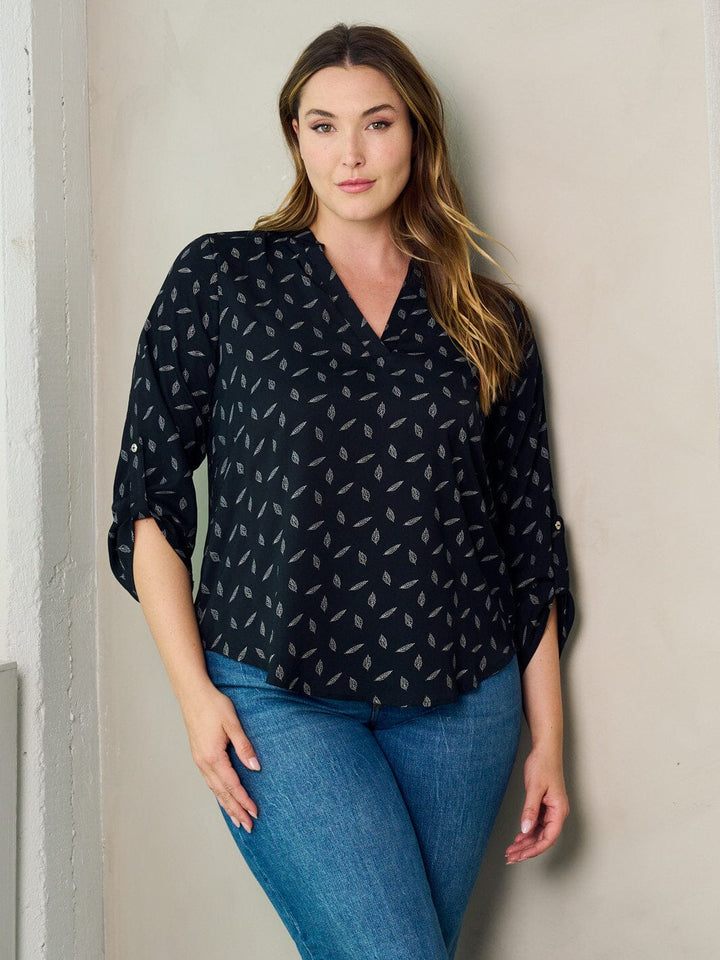 PLUS SIZE 3/4 SLEEVE BUTTON V-NECK LEAF PRINT BLOUSE TOP