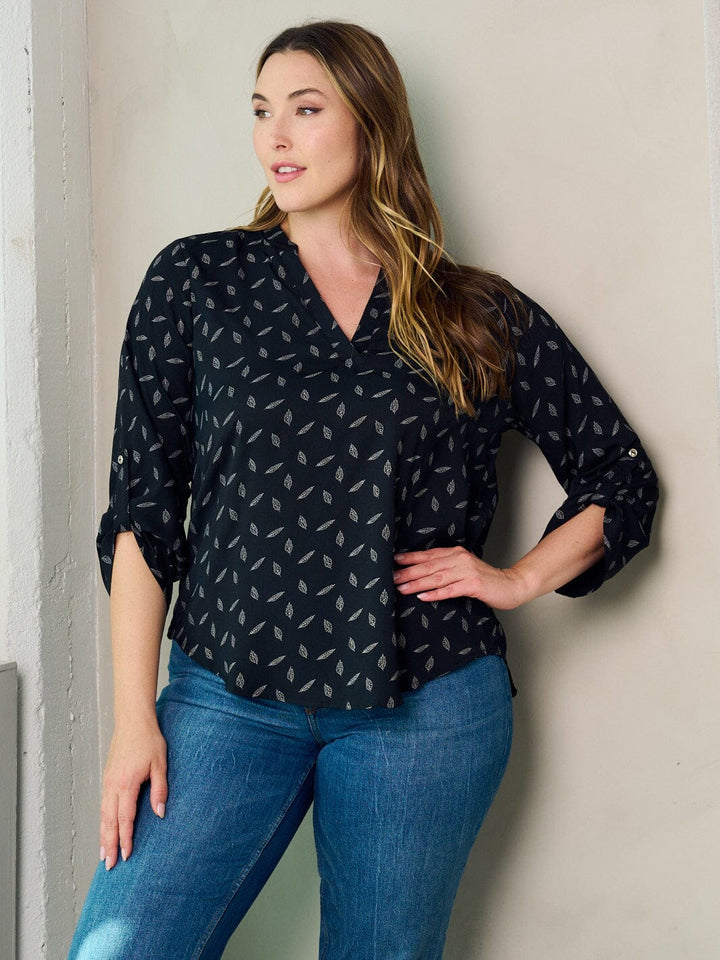 PLUS SIZE 3/4 SLEEVE BUTTON V-NECK LEAF PRINT BLOUSE TOP